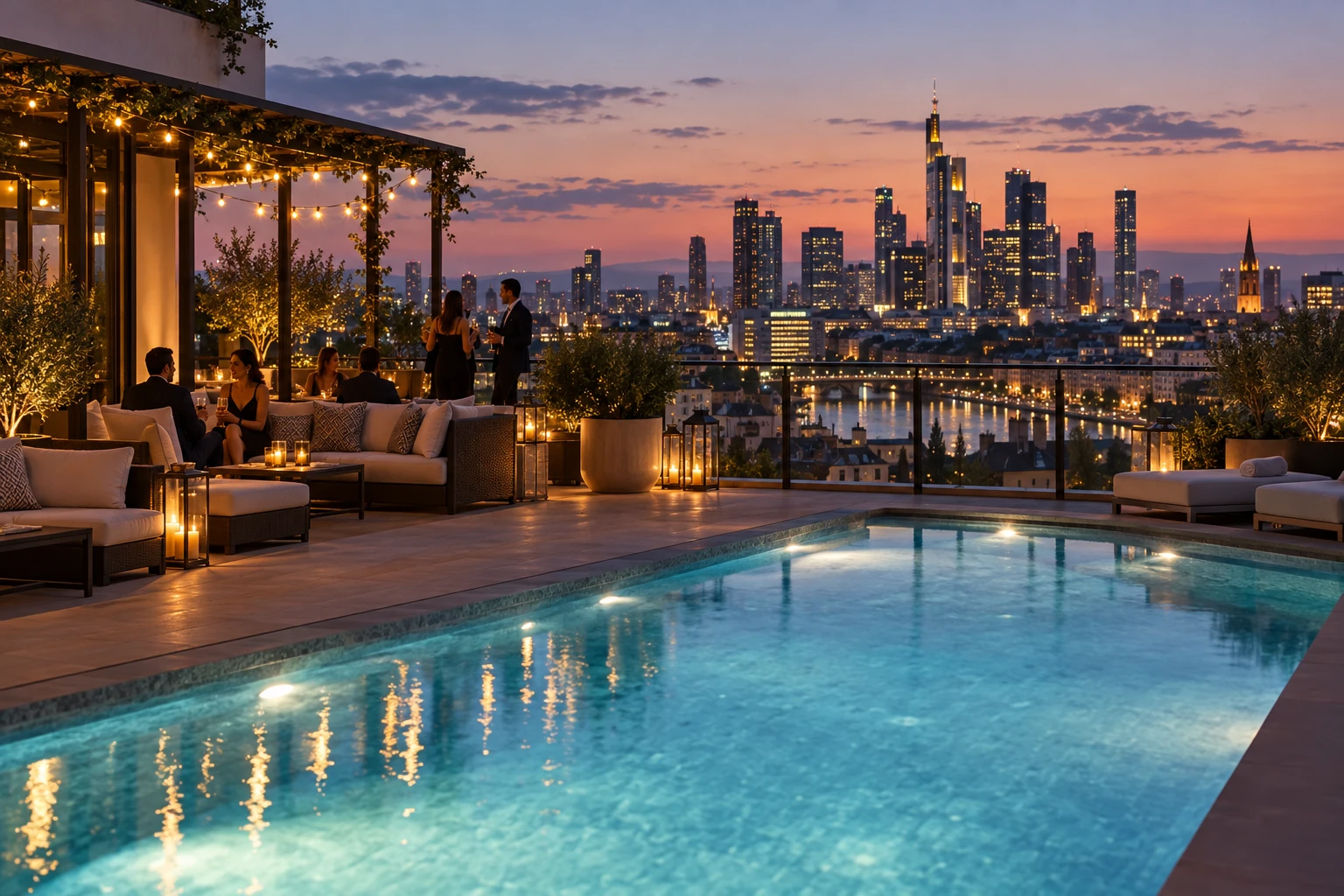 A luxury city resort terrace at dusk with a skyline beyond