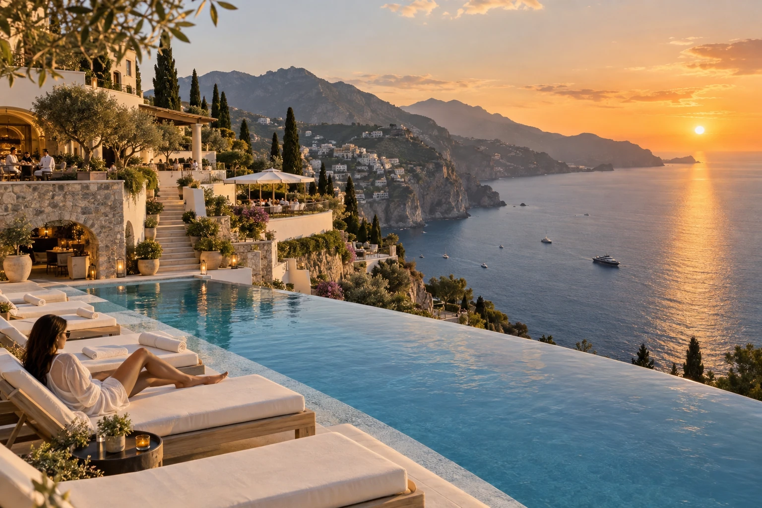 A clifftop resort with an infinity pool overlooking the sea at golden hour