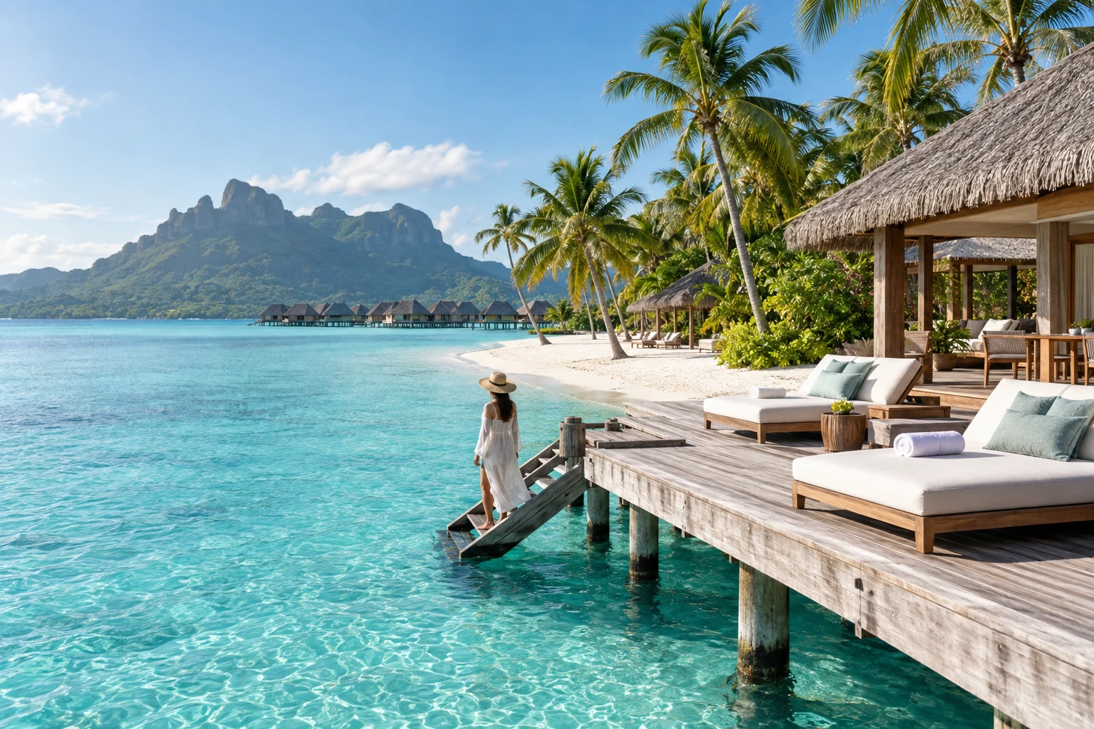 A tropical resort on a turquoise lagoon